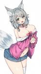 big_breasts bottomwear breasts choker cleavage clothed clothing female gesture grey_hair hair hand_gesture inner_ear_fluff jewelry legwear necklace open_mouth simple_background skirt solo thigh_highs tuft v_sign white_background lux_(artist) animal_humanoid canid canid_humanoid canine canine_humanoid fox_humanoid humanoid mammal mammal_humanoid 2019 hi_res