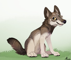 ambiguous_gender black_nose brown_body brown_eyes brown_fur feral fur grass open_mouth paws plant quadruped sitting smile solo tan_body tan_fur teeth tongue aseethe canid canine canis coyote mammal 2015 digital_media_(artwork)