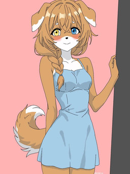 anthro blush braided_hair clothing dress female fur hair heterochromia looking_at_viewer multicolored_body multicolored_fur smile smiling_at_viewer solo tail two_tone_body two_tone_fur 2nix2 canid canine canis domestic_dog mammal 3:4