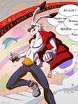 anthro clothed clothing fur looking_at_viewer male red_eyes solo text white_body white_fur hetore_(artist) summer_wars king_kazma lagomorph leporid mammal rabbit absurd_res hi_res