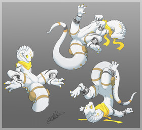 accessory bag cuff_(restraint) feral furgonomics gills glowing glowing_eyes long_neck male pose restraints scarf solo tail tail_accessory tail_bag vial wrist_cuffs novada uzoqe_(character) lizard reptile scalie absurd_res hi_res