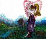 accessory anthro blonde_hair boots bow_ribbon clothing female flower footwear grass hair hair_accessory hair_bow hair_ribbon heart_symbol hi_res houska humanoid janet_k_wallace landscape painting_(artwork) pink_clothing plant red_boots red_clothing red_footwear ribbons river solo standing tail the_moomins traditional_media_(artwork) watercolor_(artwork)