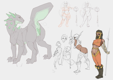 6_legs animal_genitalia animal_vulva anthro anus bodily_fluids boots canine_genitalia canine_vulva clothed clothing crotchless_clothing female feral footwear garter_straps genital_fluids genitals green_vulva group hammer humanoid_genitalia humanoid_vulva legwear looking_at_viewer melee_weapon musk musky_vulva no_underwear polearm shoes spear thigh_highs tools unusual_anatomy unusual_genitalia unusual_vulva vaginal_fluids vulva weapon syn-6 mythology dragon goblin human mammal monster mythological_creature mythological_scalie scalie absurd_res hi_res multiple_images sketch sketch_page