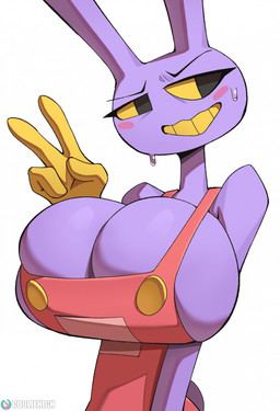 anthro biped blush breasts clothed clothed_anthro clothed_female clothing female fingers front_view looking_at_viewer simple_background smile solo tail teeth cooliehigh glitch_productions the_amazing_digital_circus jax_(tadc) lagomorph leporid mammal rabbit 2026 digital_drawing_(artwork) digital_media_(artwork) hi_res