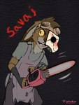 anthro apron blood bodily_fluids chainsaw clothing eyewear eyewear_on_head goggles humor male mask power_tool solo tools lukabun the_purge savaj lagomorph leporid mammal rabbit absurd_res hi_res