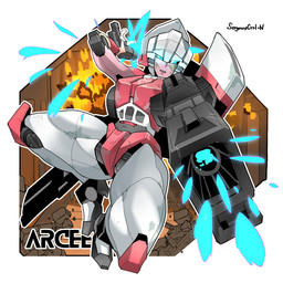 5_fingers autobot battle blue_eyes detailed_background female fingers gun handgun holding_object holding_weapon lipstick looking_at_viewer machine makeup multicolored_body not_furry open_mouth pink_body pink_lipstick ranged_weapon simple_background solo text two_tone_body weapon white_body sergeantctrln hasbro takara_tomy transformers arcee cybertronian humanoid living_machine robot 1:1 2019 digital_drawing_(artwork) digital_media_(artwork) english_text