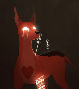 ambiguous_gender black_body black_fur bodily_fluids dripping feral fur glowing glowing_eyes glowing_markings hairless heart_symbol male markings red_body solo tears white_eyes angie_imagines fan_character canid canine canis domestic_dog ghost hairless_dog mammal primitive_dog spirit xoloitzcuintli absurd_res hi_res