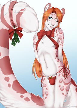 anthro bulge clothed clothing crossdressing femboy fur hair holidays male markings mistletoe orange_hair panties plant smile solo spots spotted_body spotted_fur string_panties tongue tongue_out underwear accelo christmas accelo_(character) felid leopard mammal pantherine snow_leopard 2021 digital_media_(artwork) hi_res