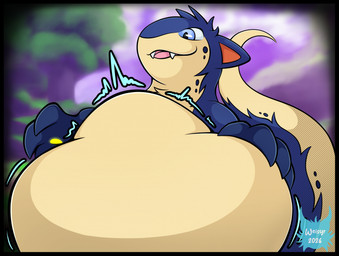 after_vore ambiguous_gender belly big_belly black_border blue_body blue_eyes blue_fur blue_hands border duo feral feral_pred fur rumbling_stomach tail tan_body tan_tail vore weisyr nintendo pokemon pokemon_(species) 2026 hi_res watermark