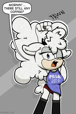 anthro camel_toe clothing dialogue ellipsis female footwear fur hair horn looking_at_viewer messy messy_hair nipple_outline open_mouth pajamas panties question_mark raised_arm shirt socks solo sound_effects speech_bubble t-shirt tail text text_on_clothing text_on_shirt text_on_topwear tired topwear underwear wool_(fur) yawn realdash idw_publishing sega sonic_the_hedgehog_(comics) sonic_the_hedgehog_(idw) sonic_the_hedgehog_(series) lanolin_the_sheep_(sonic) animal_humanoid bovid bovid_humanoid caprine caprine_humanoid humanoid mammal mammal_humanoid sheep sheep_humanoid 2026 2:3 absurd_res digital_media_(artwork) english_text hi_res signature