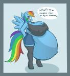 anthro belly big_belly big_breasts blush bottomwear bra breasts cleavage clothed clothing dialogue female huge_breasts hyper hyper_breasts hyper_pregnancy legwear pregnant red_eyes shorts simple_background solo sports_bra text thigh_highs underwear forfun41 funble friendship_is_magic hasbro my_little_pony rainbow_dash_(mlp) equid equine horse mammal pony absurd_res english_text hi_res