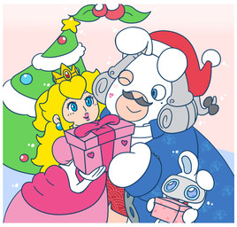 4_fingers alternative_fashion anthro armwear bent_arm black_bow black_facial_hair black_mustache blue_clothing blue_eyes blue_inner_ear blue_suit blush blush_lines border buckteeth christmas_clothing christmas_headwear christmas_present christmas_tree closed_smile clothing crown curly_hair duo_focus ear_piercing elbow_gloves eye_contact eyelashes facial_hair female female_human fingers fur gem gift gloves grey_hair group hair handwear hat headgear headwear hime_lolita holding_gift holding_object holidays holly_(plant) j-fashion kiss_mark_on_face larger_anthro larger_female larger_human larger_male lips lolita_(fashion) long_ears long_hair looking_at_another love male male/female male_anthro markings mitten_hands mole_(marking) mouth_closed multicolored_body mustache no_eyebrows noseless open_mouth piercing pink_lips plant ponytail princess red_clothing red_hat red_headwear red_topwear red_vest royalty santa_hat sapphire_(gem) simple_background size_difference smaller_anthro smaller_female smaller_human smaller_male smile smiling_at_another smiling_at_each_other standing suit tan_background tan_body tan_eyelids tan_inner_ear tan_skin teeth topwear tree trio two_tone_body vest white_armwear white_body white_border white_clothing white_elbow_gloves white_fur white_gloves white_handwear fuposey christmas mario_bros mario_plus_rabbids_kingdom_battle nintendo raving_rabbids rayman_(series) ubisoft phantom_of_the_bwahpera princess_peach spawny ghost human hybrid lagomorph mammal rabbid spirit 2018 crossover digital_drawing_(artwork) digital_media_(artwork) english_description flat_colors hi_res