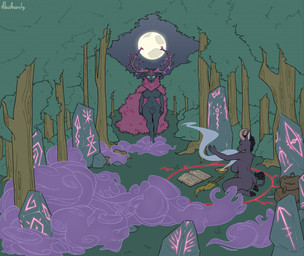 anthro book duo female fog forest glowing herm incense intersex magic magic_circle magic_user moon night nude plant ritual tree witch aikaanarchy philomena_(chaosreverent) bovid caprine goat mammal spirit