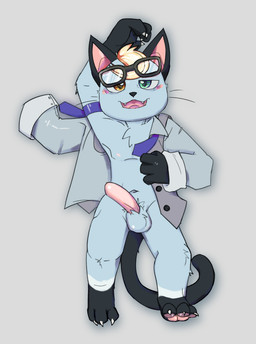 anthro black_body black_fur blonde_hair blue_body blue_fur classy clothed clothing coat eyewear eyewear_on_head fur genitals glasses glasses_askew glasses_on_head hair heterochromia looking_at_viewer male necktie pantsless penis rectangular_glasses solo topwear mousesix animal_crossing nintendo raymond_(animal_crossing) domestic_cat felid feline felis mammal hi_res