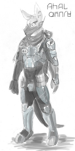 anthro armor clothed clothing ear_piercing ear_ring front_view head_tuft male male_anthro piercing ring_piercing simple_background solo standing tuft solaxe_(artist) hybrid 1:2 full-length_portrait monochrome portrait sketch