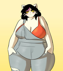 alternative_fashion anthro belly belly_overhang big_breasts black_hair blush bra breasts cleavage clothed clothed_anthro clothed_female clothing collarbone female female_anthro front_view fur goth hair hand_in_pocket highlights_(coloring) looking_aside makeup mascara orange_bra orange_clothing orange_underwear overalls overweight overweight_female pear-shaped_figure pink_highlights pockets pupils simple_background slit_pupils solo standing thick_thighs underwear white_body white_fur wide_hips yellow_background yellow_sclera samirachuni deltarune undertale_(series) catti_cattenheimer domestic_cat felid feline felis mammal 2025 absurd_res colored digital_drawing_(artwork) digital_media_(artwork) hi_res portrait three-quarter_portrait