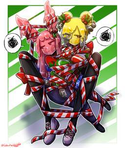 annoyed big_breasts border breasts duo female glistening glistening_body green_background half-closed_eyes looking_aside looking_at_viewer narrowed_eyes not_furry pink_body red_eyes simple_background white_border wrapped yellow_body morbidlycutecrunch chiyo_(morbidlycutecrunch) ichika_(morbidlycutecrunch) goo_creature goo_humanoid humanoid lagomorph mammal absurd_res hi_res