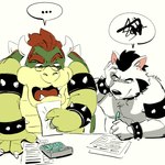 annoyed anthro belly black_hair blue_eyes calculator collar duo eyewear fur furniture glasses hair horn husband husband_and_husband jewelry male married married_couple open_mouth paper paws pen red_eyes ring shell simple_background spikes table taxes teeth tongue white_body white_fur ty_pesh mario_bros nintendo bowser langdon_marston canid canine canis domestic_dog husky koopa mammal nordic_sled_dog scalie spitz