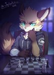 4_fingers adolescent anthro blurred_background brown_body brown_ears brown_fur brown_nose chair chess claws clothed clothing detailed_background facial_markings facial_tuft fingers fluffy fluffy_tail fur furniture gloves_(marking) green_eyes hand_on_chin hand_on_table head_markings head_tuft hoodie inside kemono looking_at_viewer male markings multicolored_body multicolored_fur on_chair raised_tail sitting sitting_on_chair smile smirk solo table tail tail_markings text topwear tuft white_body white_fur white_inner_ear window yellow_markings young toomiro juncos_(jayfeath3r) canid canine canis fox mammal 2022 digital_media_(artwork) hi_res