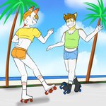 anthro anthrofied beach bottomwear clothing crop_top daisy_dukes denim denim_bottomwear denim_clothing denim_shorts dolphin_shorts duo footwear hotpants male midriff navel outside palm_tree plant pokemorph quad_skates roller_skates sea seaside shirt shorts socks t-shirt tank_top topwear tree water fuze nintendo pokemon generation_8_pokemon pokemon_(species) scorbunny yamper 1:1 hi_res