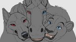 16:9 black_lips canid canine canis chimera conjoined equid equine felid feral fur group happy heterochromia horse lion lips looking_at_viewer lying mammal multi_head on_front pantherine shade_fang sketch smile smiling_at_viewer thick_lips trio widescreen wolf wolfywetfurr_(artist)