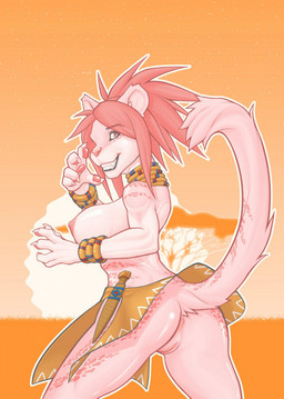 5_fingers anthro anus big_breasts biped breasts butt fangs female fingers fur genitals hair pink_body pink_fur raised_tail red_hair simple_background smile solo sun tail teeth vulva warrior gilgash felid lion mammal pantherine hi_res