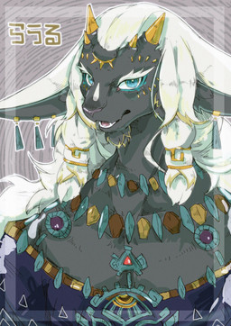 3_eyes abstract_background accessory anthro blonde_hair blonde_highlights blue_eyes chin_tuft clothed clothing ear_piercing eye_markings eyelashes facial_tuft front_view fur grey_background grey_body grey_fur grey_inner_ear grey_inner_ear_fluff hair hair_accessory highlights_(coloring) horn inner_ear_fluff jewelry kemono long_hair looking_at_viewer male markings multi_eye multicolored_body multicolored_fur multicolored_hair necklace off_shoulder open_mouth piercing pigtails pink_tongue pupils purple_clothing purple_nose purple_shirt purple_topwear shirt short_snout simple_background snout solo teeth text tongue topwear tuft two_tone_body two_tone_fur two_tone_hair white_body white_eyelashes white_fur white_hair yellow_horn ao_gravity nintendo tears_of_the_kingdom the_legend_of_zelda rauru_(tears_of_the_kingdom) lagomorph mammal zonai 2023 absurd_res bust_portrait colored digital_media_(artwork) digital_painting_(artwork) hi_res japanese_text painting_(artwork) portrait shaded translated