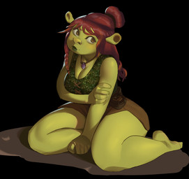 5_fingers bangs barefoot belt_pouch bent_arm bent_legs black_background blush bottomwear braided_hair breasts brown_bottomwear brown_clothing brown_eyes brown_shorts cleavage closed_smile clothed clothed_female clothed_humanoid clothing ear_stalk eyebrows eyelashes feet female female_humanoid fingers fully_clothed fully_clothed_female fully_clothed_humanoid green_body green_clothing green_lips green_shirt green_skin green_tank_top green_topwear hair hair_bun hand_on_own_arm jewelry light lips long_hair medium_breasts mouth_closed necklace not_furry red_eyebrows red_hair shirt shorts simple_background sitting smile solo straight_arm tank_top thick_thighs topwear yasuisinsan dreamworks shrek_(series) felicia_(shrek) humanoid ogre 2025 absurd_res colored digital_drawing_(artwork) digital_media_(artwork) english_description hi_res lighting shaded