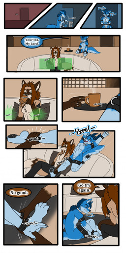 ankle_cuffs anthro beverage bound collar container cuff_(restraint) cup dialogue drinking duo furniture genitals holographic_screen kneeling_position leg_grab male male/male metal_collar restraints sitting sitting_on_ground sofa spades_(suit) suit_symbol tail tea_cup text wrist_cuffs tatsuchan18 cobalt_(tatsuchan18) spade_(tatsuchan18) canid canine canis fox hybrid mammal wolf absurd_res comic english_text hi_res multiple_scenes