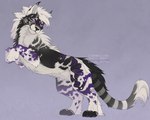 ambiguous_gender black_body black_fur cheek_tuft chest_tuft facial_tuft feral fur hair leg_tuft markings mouth_closed pink_eyes purple_markings side_view solo striped_markings striped_tail stripes tail tail_markings tuft white_body white_fur white_hair white_markings santanahoffman felid mammal 2025 dated hi_res