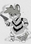 gun handgun holding_gun holding_handgun holding_object holding_ranged_weapon holding_revolver holding_weapon looking_at_viewer male ranged_weapon revolver simple_background smoke solo standing weapon kroenasneko zaku_(zaaru) domestic_cat felid feline felis mammal absurd_res hi_res monochrome