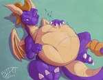 abdominal_bulge belly big_belly feral hand_on_belly horn lying on_back purple_body purple_scales scales simple_background tail tan_body tan_scales tongue vore wings blitzit activision european_mythology mythology spyro_the_dragon spyro dragon mythological_creature mythological_scalie scalie western_dragon 2024 hi_res signature