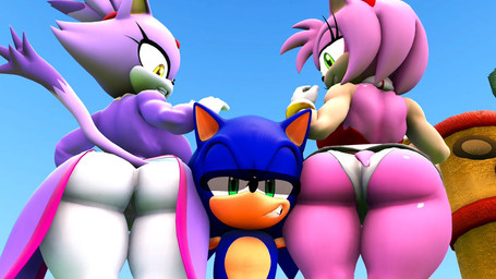 anthro big_butt butt clothed clothing female green_eyes group hair hero looking_at_viewer looking_back male male/female panties ponytail princess royalty smile trio underwear upskirt yellow_eyes hornhog32 kabalmystic_(modeler) sega sonic_the_hedgehog_(series) amy_rose blaze_the_cat sonic_the_hedgehog domestic_cat eulipotyphlan felid feline felis hedgehog mammal 16:9 3d_(artwork) digital_media_(artwork) widescreen