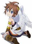 blue_eyes brown_hair clothing feathered_wings feathers footwear hair light_body light_skin looking_at_viewer looking_back looking_back_at_viewer male not_furry sandals shoes simple_background smile solo wings 317smbr kid_icarus nintendo pit_(kid_icarus) angel humanoid winged_humanoid hi_res