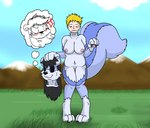anthro areola big_breasts biped bite biting_lip black_hair blonde_hair blue_body blue_fur blue_markings blush breasts clothing costume countershade_face countershade_fur countershade_torso countershading cross-popping_vein digitigrade duo eyebrows female fur fursuit gender_transformation genitals gloves_(marking) hair human_to_anthro leg_markings looking_at_self looking_down_at_self markings mask mtf_transformation navel nipples nude outside pussy raised_eyebrow self_bite skunk_tail smile socks_(marking) solo_focus species_transformation standing suit_transformation tail takeover thought_bubble transformation transformation_sequence white_body white_countershading fox0808 human mammal mephitid skunk 2011 colored