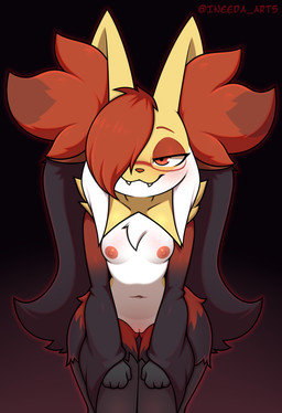 :3 anthro bedroom_eyes blush blush_lines body_blush breasts cheek_tuft chest_tuft eyewear facial_tuft fangs female female_anthro front_view fur genitals glasses hair hair_over_eye humanoid_hands inner_ear_fluff innie_vulva leaning leaning_forward looking_at_viewer multicolored_body multicolored_fur narrowed_eyes navel nipples nude nude_anthro nude_female one_eye_obstructed pink_nipples red_eyes red_nose seductive small_breasts smile smug solo standing teeth tuft vulva vulva_blush conditional_dnp ineedanaccount nintendo pokemon amelia_(psyphix) canid canine generation_9_pokemon mammal mega_delphox mega_evolution pokemon_(species) 2025 absurd_res hi_res portrait three-quarter_portrait