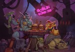 blue_body burger ear_piercing ear_ring female food green_body group holding_knife holding_object knife male neon_lights overweight piercing ring_piercing size_difference tusks unconscious crona_(artist) blizzard_entertainment warcraft goblin humanoid troll_(mythology)