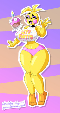 beakless big_breasts breasts clothing duo female machine one_eye_closed pattern_background pose sharp_teeth simple_background teeth thick_thighs wink yellow_body nickolops five_nights_at_freddy's five_nights_at_freddy's_2 scottgames cupcake_(fnaf) toy_chica_(fnaf) animatronic avian bird chicken galliform humanoid phasianid robot hi_res pinup