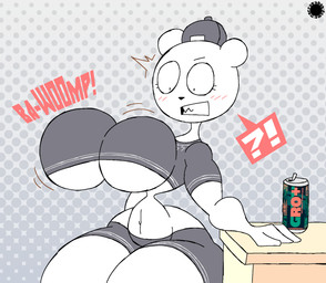 anthro backwards_baseball_cap backwards_hat bar_emanata baseball_cap beverage_can big_breasts blush blush_lines bottomwear breast_expansion breasts clothing crop_top curvy_figure emanata expansion eyelashes fangs female fur halftone_background hat headgear headwear interrobang logo looking_at_breasts looking_at_own_breasts looking_at_self midriff navel onomatopoeia pattern_background shirt shorts simple_background small_waist solo sound_effects speech_bubble teeth text thick_thighs topwear wasp_waist white_body white_fur wide_hips thatdawgmurray xiong_xiaoyi bear mammal polar_bear ursine 2025 aliasing artist_logo artist_name digital_media_(artwork) halftone hi_res signature busty_boy_(lore)