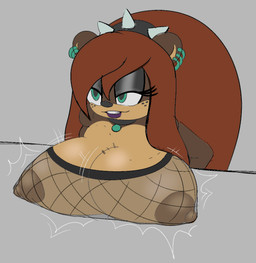 anthro big_breasts breast_rest breasts choker cleavage clothed clothing ear_piercing ear_ring female fishnet_clothing fishnet_topwear hair huge_breasts jewelry long_hair necklace nipples piercing ring_piercing solo topwear translucent rougethedaisy fair_argument_(meme) sega sonic_the_hedgehog_(series) fan_character melon_the_mole_(rougethedaisy) eulipotyphlan mammal mole_(animal) meme