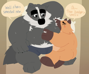 anthro armpit_fetish armpit_hair armpit_sniffing belly big_belly black_nose bodily_fluids body_hair brown_body bulge butt clothing dialogue duo head_stripe hug lying male male/male overweight overweight_male sniffing sweat text underwear bencomedion beastly_crimes beastly_crimes_(2024) chief_badger fan_character badger capybara caviid mammal mustelid musteline rodent 2026 english_text hi_res