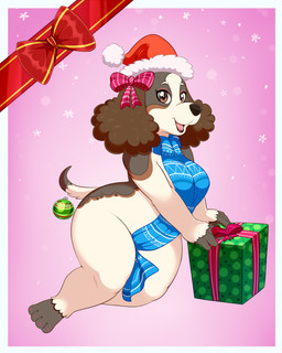 accessory anthro big_ears bow_ribbon breasts brown_body brown_eyes brown_fur christmas_clothing christmas_decorations christmas_headwear christmas_ornament clothed clothing female floppy_ears fluffy_ears fur furgonomics gift hair_accessory hair_bow hair_ribbon hat headgear headwear holidays mostly_nude no_underwear open_mouth ornament ribbons santa_hat shortstack shortstack_female smile solo sweater tail tail_accessory tail_ornament thick_thighs topwear virgin_killer_sweater white_body white_fur wide_hipped_female wide_hips lonbluewolf christmas meme_clothing american_cocker_spaniel bird_dog canid canine canis cocker_spaniel domestic_dog hunting_dog mammal spaniel 2022 4:5 hi_res meme