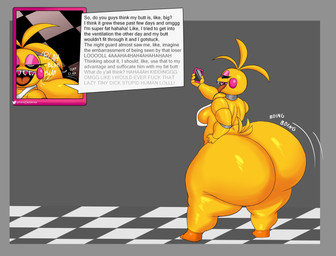 anthro beakless big_breasts big_butt blush blush_stickers braces breasts butt cellphone electronics female half-closed_eyes holding_cellphone holding_object holding_phone huge_butt huge_hips huge_thighs hyper hyper_butt machine mostly_nude narrowed_eyes non-mammal_breasts onomatopoeia open_mouth phone profanity question_mark selfie side_boob solo sound_effects text thick_thighs tongue tongue_out wide_hips yellow_body feitadenectar five_nights_at_freddy's five_nights_at_freddy's_2 scottgames toy_chica_(fnaf) animatronic avian bird chicken galliform phasianid robot english_text hi_res