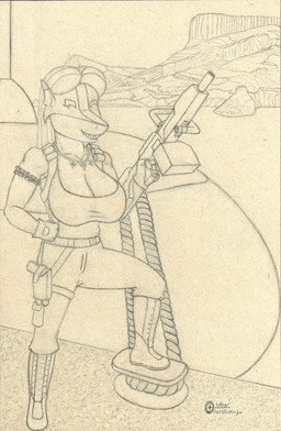 anthro big_breasts boots breasts clothed clothed_anthro clothed_female clothing female footwear gloves gun hair handwear holding_object holding_weapon jewelry long_hair mountain necklace non-mammal_breasts outside ranged_weapon shark_tooth_necklace shoes solo submarine vehicle watercraft weapon weapon_holster lobar akula_(lobar) aquatic fish shark graphite_(artwork) hi_res line_art traditional_media_(artwork)