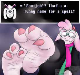 3_toes anthro barefoot black_clothing bodily_fluids bottomwear claws clothing colored_claws dialogue dialogue_box eyewear feet foot_focus fur glasses green_clothing green_eyewear green_glasses hair horn looking_at_viewer male pink_claws pink_eyes pink_horn pink_scarf plantigrade scarf sitting soles solo steam steamy_feet sweat sweaty_feet text toe_claws toes white_body white_fur white_hair wrinkled_feet wrinkles coyocislav skonczonyidiota deltarune undertale_(series) ralsei bovid caprine darkner goat mammal english_text hi_res