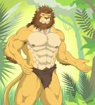 abs anthro athletic biceps big_muscles biped bottomwear brown_body brown_eyes brown_fur brown_hair brown_nipples brown_nose chest_tuft clothed clothing fangs forest fur hair jungle loincloth looking_at_viewer male muscular muscular_anthro muscular_male nipples pecs plant profanity smile solo standing teeth text topless tree tuft warrior symbolhero felid lion mammal pantherine english_text