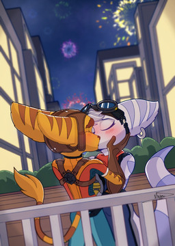 anthro blurred_background blush brown_nose clothed clothed_female clothed_male clothing cybernetic_arm cybernetic_limb duo ear_piercing ear_ring eyes_closed eyewear eyewear_on_head female fireworks fluffy fluffy_tail fur gloves goggles goggles_on_head handwear kissing male male/female markings piercing ring_(marking) ring_piercing ringed_tail striped_markings striped_tail stripes tail tail_markings tail_tuft thin_tail tuft white_body white_fur yellow_body yellow_fur maximuseditor ratchet_and_clank sony_corporation sony_interactive_entertainment ratchet_(ratchet_and_clank) rivet_(ratchet_and_clank) lombax mammal hi_res