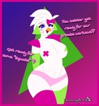 anthro athletic border breasts clothing dialogue ear_piercing ear_ring feathers female green_clothing hair legwear leotard piercing pink_body pink_clothing pink_feathers purple_border ring_piercing simple_background small_breasts solo text thigh_highs white_body white_feathers wide_hips sillyniko five_nights_at_freddy's five_nights_at_freddy's:_security_breach scottgames steel_wool_studios glamrock_chica avian bird chicken galliform gallus_(genus) phasianid 2023 digital_media_(artwork) english_text hi_res