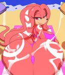 anthro beach beach_towel bedroom_eyes big_butt bikini bottle butt clothing container crossgender female huge_butt lips looking_at_viewer looking_back lying markings narrowed_eyes on_front seductive sunscreen sunscreen_on_butt swimwear thick_bottom_lip thick_thighs towel two-piece_swimsuit zaviel sega sonic_the_hedgehog_(series) knuckles_the_echidna echidna mammal monotreme