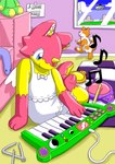 anthro biped cable clothing dancing dress female feral flying_saucer inner_ear_fluff inside keyboard_instrument motion_lines musical_instrument musical_note musical_symbol percussion_instrument pink_body playing_music plushie sheet_music sitting solo symbol triangle_(musical_instrument) tuft ufo white_clothing white_dress yellow_body yellow_inner_ear_fluff young young_anthro mimill3 domestic_cat felid feline felis mammal unidentified_species hi_res
